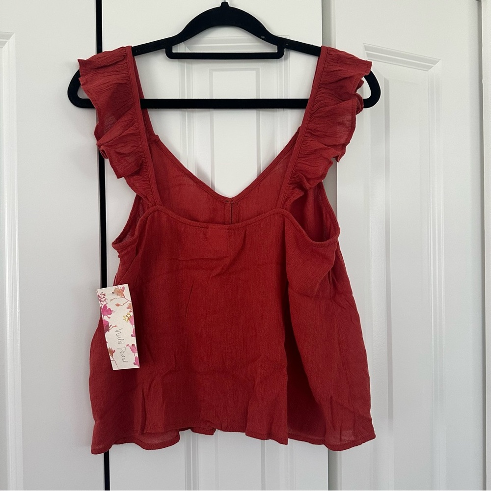 NWT Wild Pearl Ruffled Buttoned Tank Top - Red/Orange - Picture 2 of 5